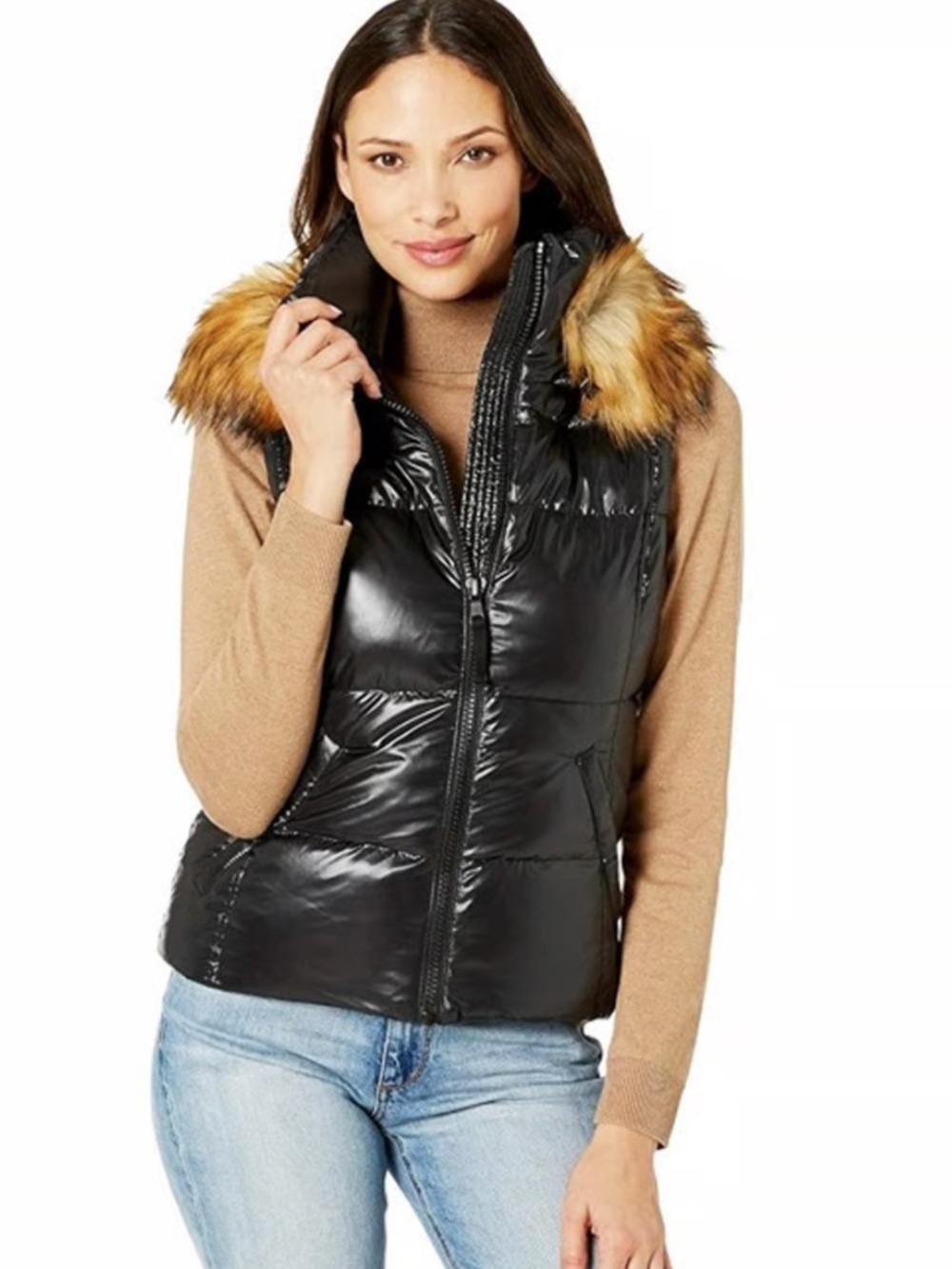 Black Down Puffer Vest Faux Fur Hood -- XS